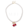 Brass Resin Red Cherry Pendant Round White Shell Pearl Beaded Necklaces NJEW-JN05733-4