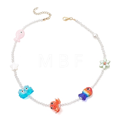 Summer Beach Handmade Lampwork Fish Octopus & Porcelain Flower & Star Natural Shell & Electroplate Glass Beaded Necklaces NJEW-TA00248-1