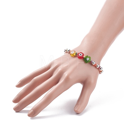 Flower with Evil Eye Glass & Iron Beaded Stretch Bracelet for Women BJEW-JB08076-1