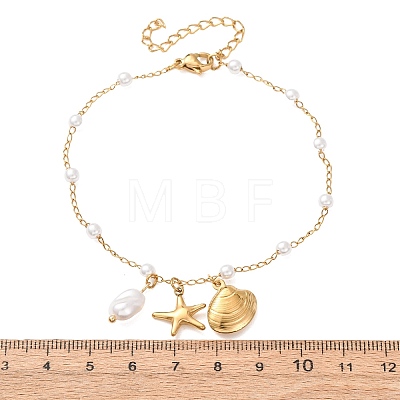 Ocean 304 Stainless Steel and Imitation Pearl Charm Anklets for Women SA-CBA3D94-04B-G-1