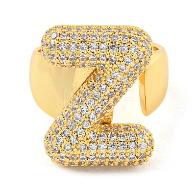 Brass Micro Pave Clear Cubic Zirconia Letter Open Cuff Ring for Women RJEW-M173-01G-Z-1