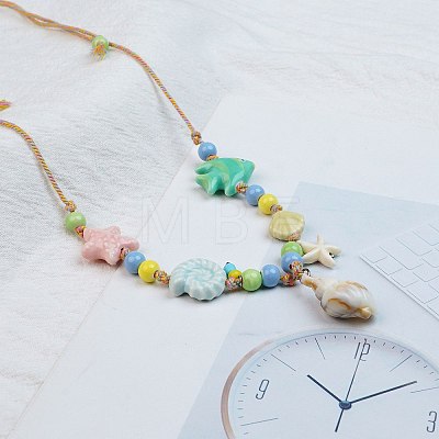 Ceramics Starfish Fish & Resin Shell Shape Pendant Adjustable Cotton Cord Necklaces for Women NJEW-Z100-01B-G-1