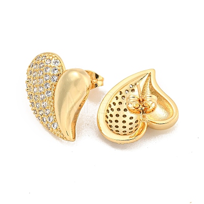 Heart Brass Pave Clear Cubic Zirconia Stud Earrings EJEW-M258-040G-1
