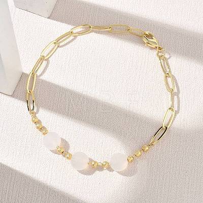 Natural White Agate Faceted Flat Round Beaded Brass Paperclip Chain Bracelets GG-CBA37F5-02G-03-1