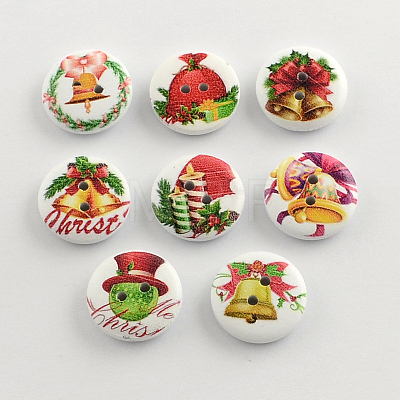 2-Hole Bell Printed Wooden Buttons BUTT-R032-053-1