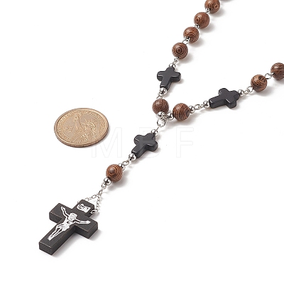 Natural Wood Rosary Bead Necklace NJEW-JN04249-1