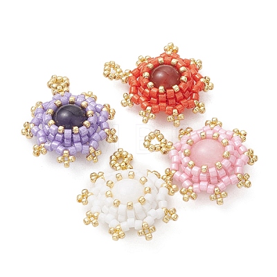 8Pcs 8 Colors Natural Carnelian & Mashan Jade & Amethyst & Malaysia Jade with Glass Seed Beaded Pendants PALLOY-MZ01275-1