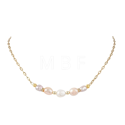 Natural Pearl Rice Beaded Necklaces with 304 Stainless Steel Paperclip Chains NJEW-JN05977-02-1