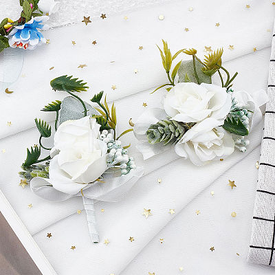 2Pcs 2 Style Silk Cloth Rose Flower Boutonniere Brooch & Wrist Corsage AJEW-CP0001-54-1