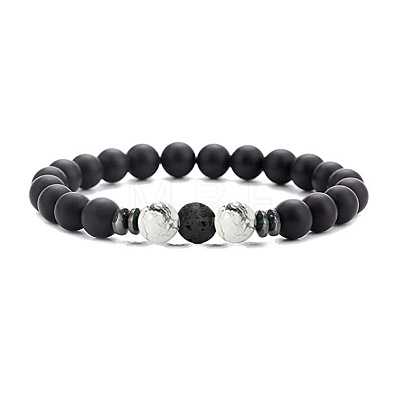 8mm Frosted Natural Black Obsidian Round Beaded Stretch Bracelets for Women Men CN5294-3-1