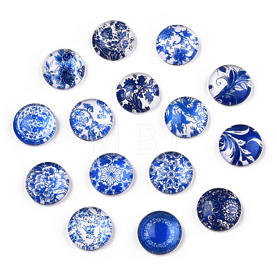 Blue and White Floral Printed Glass Flatback Cabochons X-GGLA-A002-12mm-XX-1