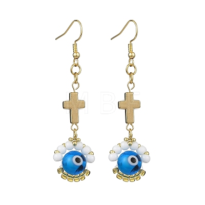 Handmade Seed Evil Eye & Cross Dangle Earrings EJEW-MZ00227-01-1