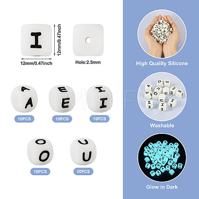  50Pcs 5 Style Luminous Cube with Letter Food Grade Eco-Friendly Silicone Beads SIL-TA0001-51-1