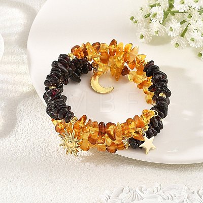 Natural Amber & Garnet Chip Beaded Wrap Bracelets BJEW-JB14310-1