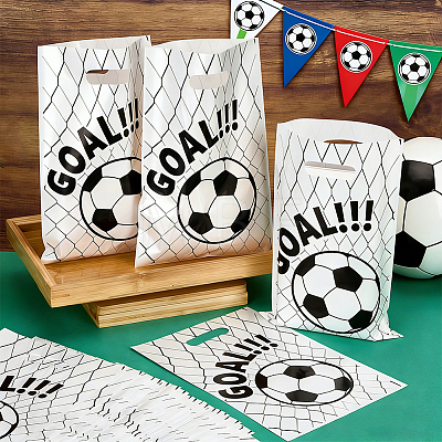 100Pcs Football Print Plastic Gift Bags with Die Cut Hole Handle ABAG-WH0045-101A-1