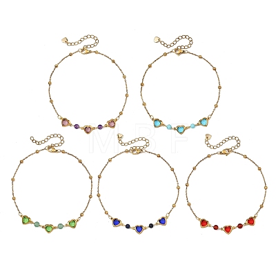 Round Natural Mixed Stone & Stainless Steel Glass Heart Link Anklets for Women AJEW-AN00804-1