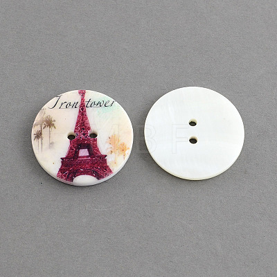 Flat Round 2-Hole Printing Sewing Freshwater Shell Buttons X-SHEL-S241-16-1