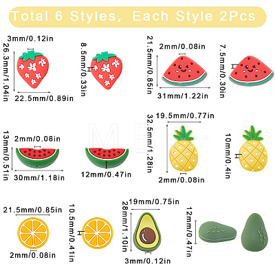 SUNNYCLUE 12pcs 6 style Fruit Theme Silicone Beads SIL-SC0001-43-1