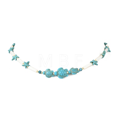 Summer Beach Dyed Synthetic Turquoise Starfish Turtle & Natural Shell Column Graduated Beaded Necklaces with Natural Apatite Faceted Round Beads NJEW-JN06601-02-1