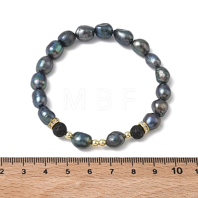Natural Cultured Freshwater Pearl & Lava Rock Beaded Stretch Bracelets for Women BJEW-JB13714-1
