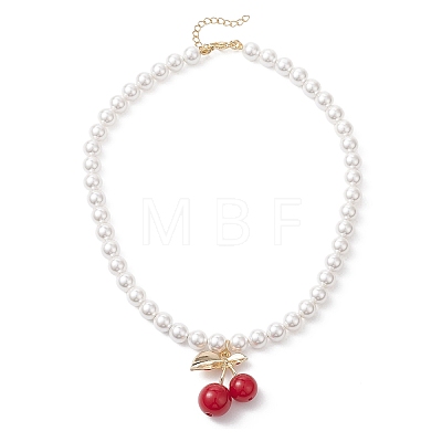 Brass Resin Red Cherry Pendant Round White Shell Pearl Beaded Necklaces NJEW-JN05733-1