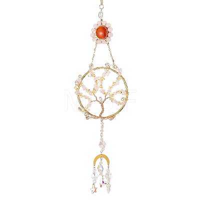 Flat Round with Tree of Life Copper Wire Wrapped Natural Citrine Chip Pendant Decorations AJEW-Q143-10-1