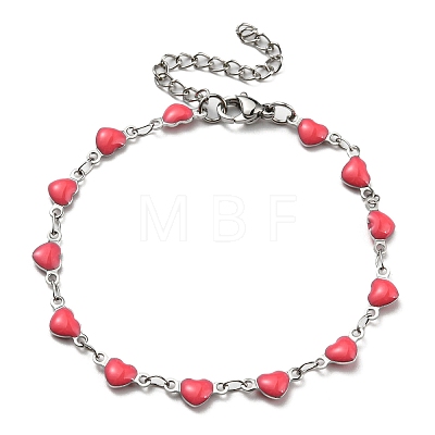 Stainless Steel Color 304 Stainless Steel Heart Link Chain Bracelet with Enamel BJEW-E088-01P-1
