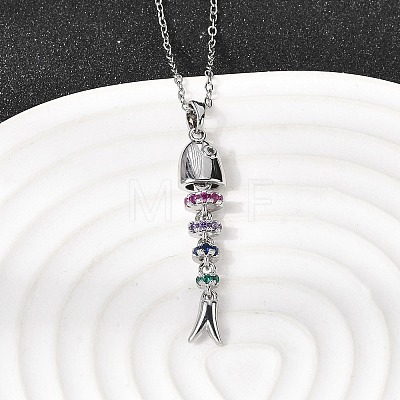 201 Stainless Steel Pave Colorful Cubic Zirconia Fish Bone Pendant Necklaces for Women NJEW-C111-02B-P-1