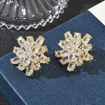 Double Layer Flower Brass & Clear Marquise Cut Cubic Zirconia Stud Earrings KK-CBA36A2-05G-1