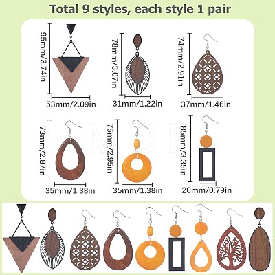 9 Pair 9 Style Teardrop & Rectangle & Triangle Natural Wood Dangle Earrings Set EJEW-SC0001-35-1