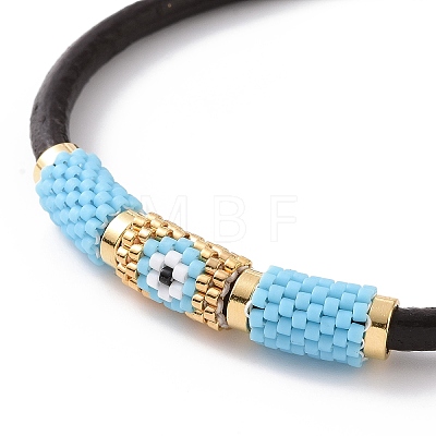 Japanese Seed Column with Evil Eye Beaded Bracelet with Cowhide Cords for Women BJEW-JB09078-03-1
