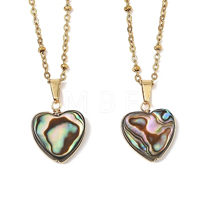 Heart Natural Abalone Shell/Paua Shell Pendant 304 Stainless Steel Satellite Chain Necklaces for Women NJEW-JN06368-1