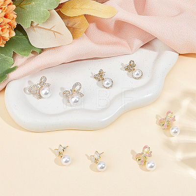 4 Pairs 4 Styles Alloy Enamel Bowknot & Plastic Pearl Dangle Stud Earrings with Sterling Silver Pins EJEW-AN0004-93-1