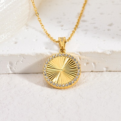 304 Stainless Steel Micro Pave Clear Cubic Zirconia Round Medal Pendant Necklaces WGE37BE-01-1