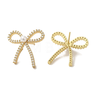 Rack Plating Brass Micro Pave Clear Cubic Zirconia Bowknot Stud Earrings for Women EJEW-P280-27G-1