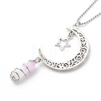 Natural Purple White Jade Bullet with Alloy Moon and Star Pendant Necklace NJEW-JN03912-02-1