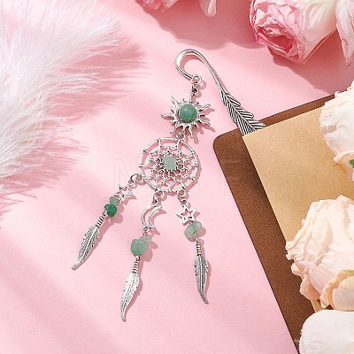 Alloy Sun & Woven Net/Web with Feather Charms Bookmarks AJEW-JK00368-01-1