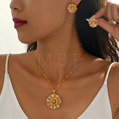 Vintage Brass Flower Stud Earrings & Pendant Necklaces Sets for Women NK5083-1