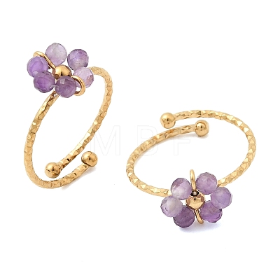 Adjustable 304 Stainless Steel with Natural Mixed Stone Cuff Open Rings RJEW-P187-01G-08-1
