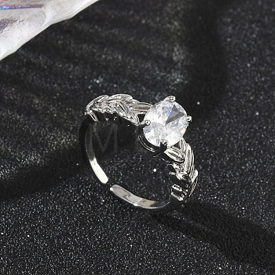Brass Pave Clear Single Cubic Zirconia Cuff Open Rings RJEW-H268-01P-1