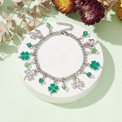 Alloy Clover & Glass Charm Bracelet with 304 Stainless Steel Curb Chains for Saint Patrick's Day BJEW-TA00302-1