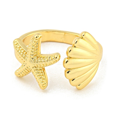 Starfish & Shell Rack Plating Brass Open Cuff Rings RJEW-N047-02G-RS-1