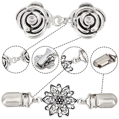 Gorgecraft 4Pcs 4 Style Vintage Alloy Rose Flower & Bowknot Sweater Shawl Clips Brooches Set AJEW-GF0007-24-1