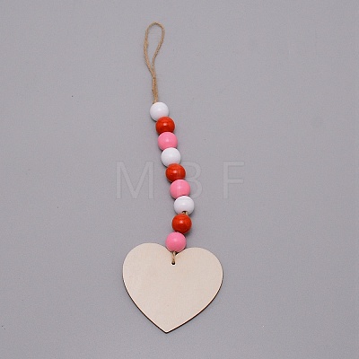 Valentine's Day Theme Schima Wood Beads & Hemp Rope Pendants Decorations HJEW-TAC0012-14-1