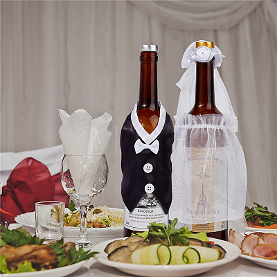 2 Sets Organza & Cloth Bride and Groom Wine Bottle Cover AJEW-CP0001-47-1