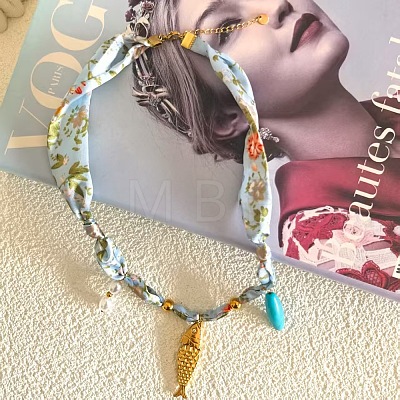 304 Stainless Steel Enamel Pendant Printed Cloth Scarf Necklaces for Women FS-WGDE682-08-1
