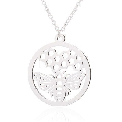304 Stainless Steel Ring with Bee & Honeycomb Cutout Pendant Necklaces for Women WGD6CCF-02-1
