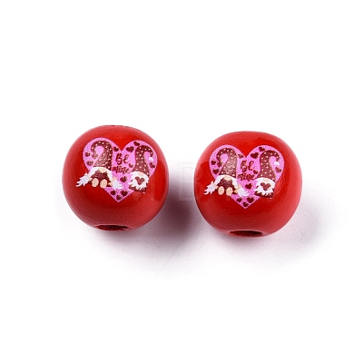 Valentine's Day Theme Printed Wooden Beads WOOD-D006-03-1