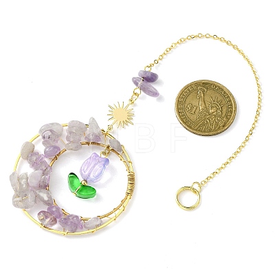 Natural Amethyst Chip & Alloy Ring Pendant Decorations HJEW-TA00119-02-1