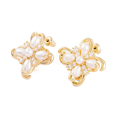 Clover Brass Pave Clear Cubic Zirconia & Freshwater Pearl Stud Earrings for Women EJEW-G391-01G-1